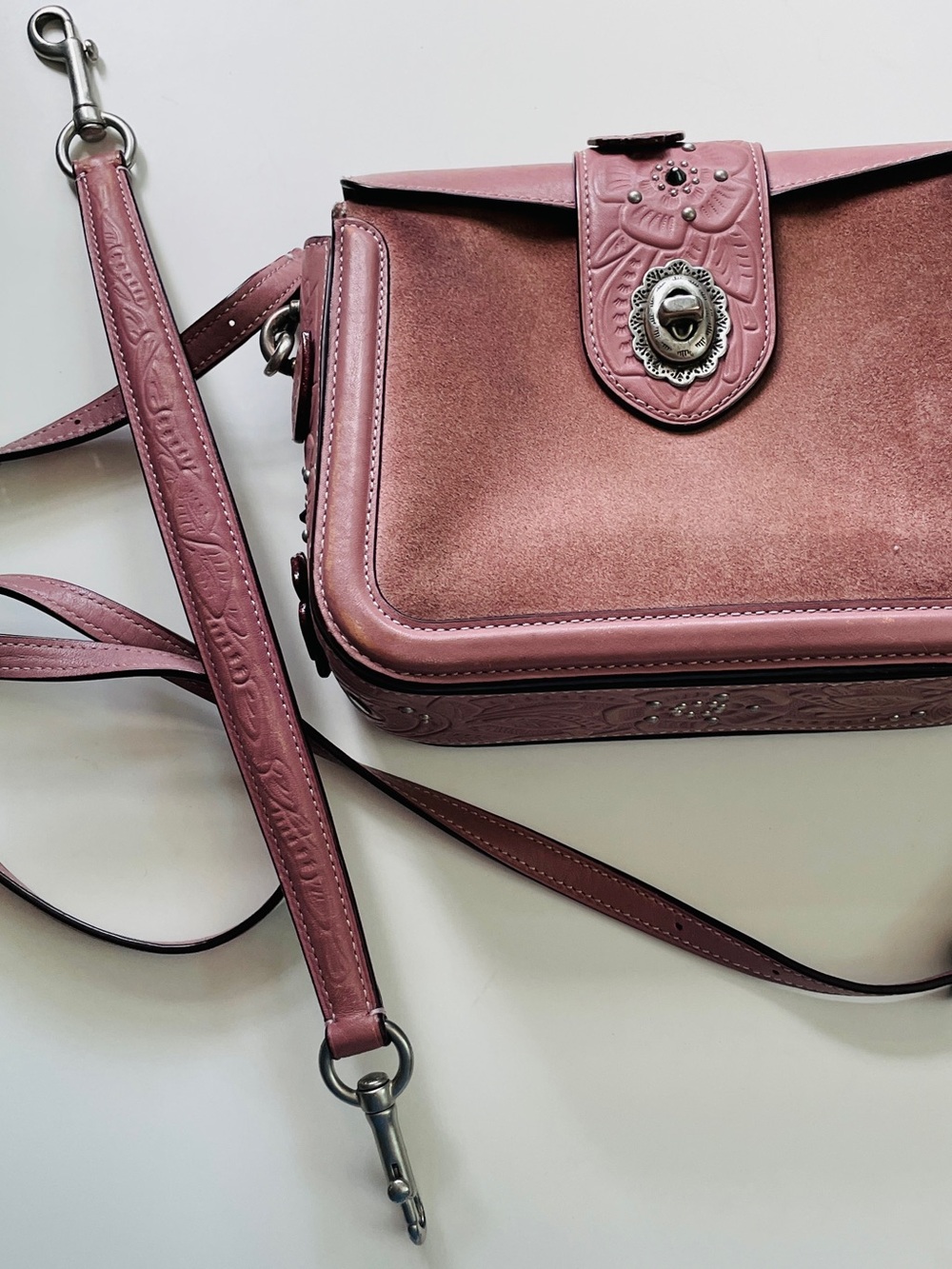 COACH Page Crossbody Bag Pink Suede Leather Tea Rose Tooling Silver Studs 125888